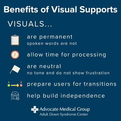 Visuals are permanent, allow time for processing, are neutral, prepare users for transitions, and help build independence