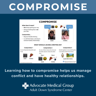 Compromise visual - learning how to compromise helps us manage conflict and have healthy relationships.