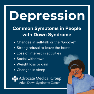 Common symptoms of depression in people with Down syndrome - changes in self-talk or the "Groove," strong refusal to leave the home, loss of interest in activities, social withdrawal, weight loss or gain, changes in sleep