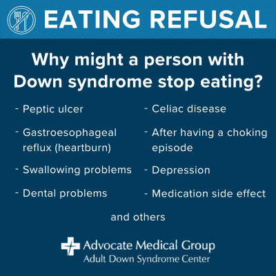 Eating refusal. Why might a person with Down syndrome stop eating? Peptic ulcer, gastroesophageal reflux (heartburn), swallowing problems, dental problems, celiac disease, after having a choking episode, depression, medication side effect, and others.