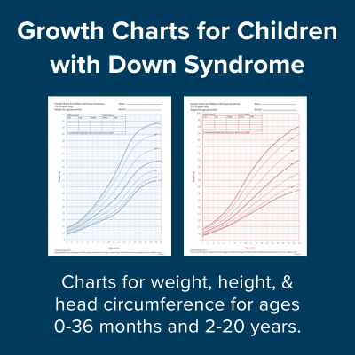 Growth charts for children with Down syndrome. Charts for weight, height, and head circumference for ages 0-36 months and 2-20 years.
