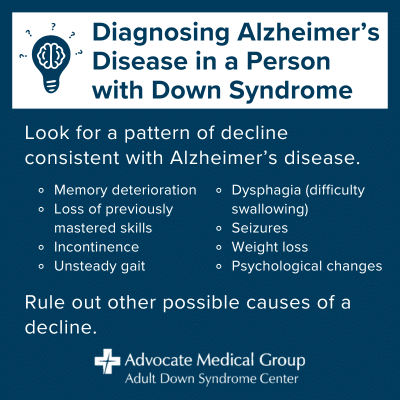 Diagnosing Alzheimer's disease in a person with Down syndrome. Look for a pattern of decline consistent with Alzheimer's disease - memory deterioration, loss of previously mastered skills, incontinence, unsteady gait, dysphagia (difficulty swallowing), seizures, weight loss, psychological changes. Rule out other possible causes of a decline.