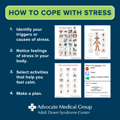 How to cope with stress. 1. Identify your triggers or causes of stress. 2. Notice feelings of stress in your body. 3. Select activities that help you feel calm. 4. Make a plan.