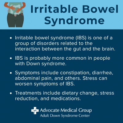 Irritable bowel syndrome (IBS) is one of a groups of disorders related to the interaction between the gut and the brain. IBS is probably more common in people with Down syndrome. Symptoms include constipation, diarrhea, abdominal pain, and others. Stress can worsen symptoms of IBS. Treatments include dietary change, stress reduction, and medications.