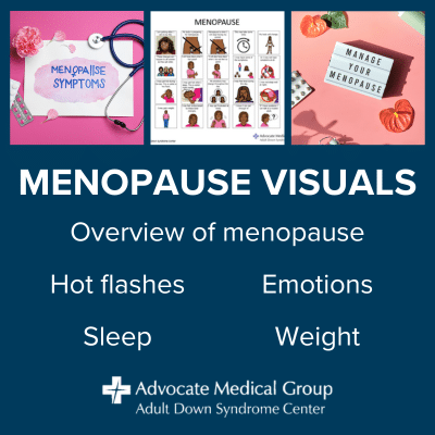 Menopause visuals. Overview of menopause, hot flashes, sleep, emotions, and weight.