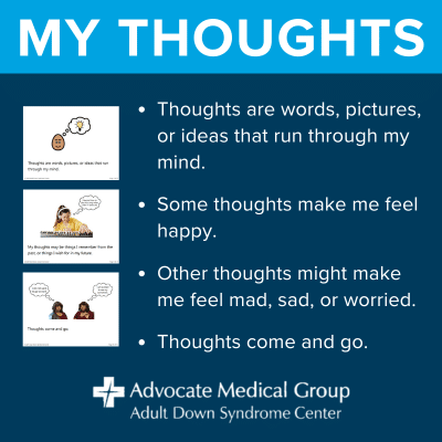 My thoughts story. Thoughts are words, pictures, or ideas that run through my mind. Some thoughts make me feel happy. Other thoughts might make me feel mad, sad, or worried. Thoughts come and go.