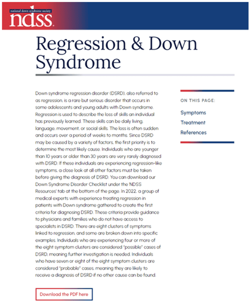 NDSS Regression and Down syndrome page on website