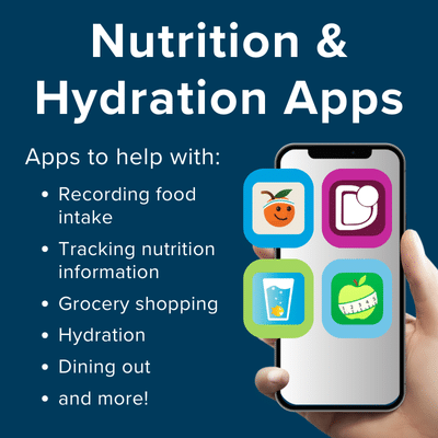 Nutrition and hydration apps. Apps to help with recording food intake, tracking nutrition information, grocery shopping, hydration, dining out, and more.