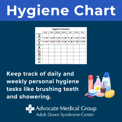 Hygiene chart. Keep track of daily and weekly personal hygiene tasks like brushing teeth and showering.