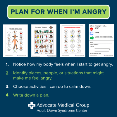 Plan for when I'm angry. 1. Notice how my body feels when I start to get angry. 2. Identify places, people, or situations that might make me feel angry. 3. Choose activities I can do to calm down. 4. Write down a plan.