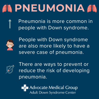 Pneumonia is more common in people with Down syndrome. People with Down syndrome are also more likely to have a severe case of pneumonia. There are ways to prevent or reduce the risk of developing pneumonia.