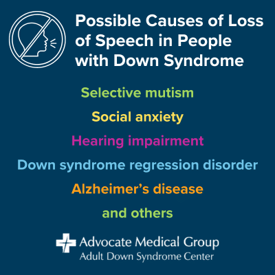 Possible causes of loss of speech in people with Down syndrome. Selective mutism, social anxiety, hearing impairment, Down syndrome regression disorder, Alzheimer's disease, and others.