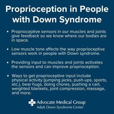 Proprioception in People with Down Syndrome. Proprioceptive sensors in our muscles and joints give feedback so we know where our bodies are in space. Low muscle tone affects the way proprioceptive sensors work in people with Down syndrome. Providing input to muscles and joints activates the sensors and can improve proprioception. Ways to get proprioceptive input include physical activity (jumping jacks, push-ups, sports, etc.), bear hugs, doing chores, pushing a cart, weighted blankets, joint compression, massage, and more.