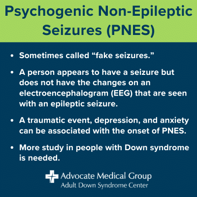 Psychogenic Non-Epileptic Seizures (PNES). Sometimes called "fake seizures." A person appears to have a seizure but does not have the changes on an electroencephalogram (EEG) that are seen with an epileptic seizure. A traumatic event, depression, and anxiety can be associated with the onset of PNES. More study in people with Down syndrome is needed.