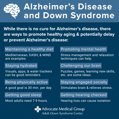 Alzheimer's Disease and Down Syndrome. While there is no cure for Alzheimer's disease, there are ways to promote healthy aging and potentially delay or prevent Alzheimer's disease including maintaining a healthy diet, staying hydrated, being physically active, getting good sleep, promoting mental health, challenging our brain, staying engaged socially, and getting hearing checked.