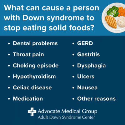 What can cause a person with Down syndrome to stop eating solid foods? Dental problems, throat pain, choking episode, hypothyroidism, celiac disease, medication, GERD, gastritis, dysphagia, ulcers, nausea, other reasons