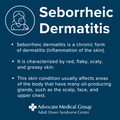 Seborrheic dermatitis is a chronic form of dermatitis (inflammation of the skin). It is characterized by red, flaky, scaly, and greasy skin. This skin condition usually affects areas of the body that have many oil-producing glands, such as the scalp, face, and upper chest.