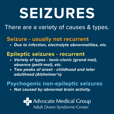 Seizures. There are a variety of causes and types. Seizure- usually not recurrent; due to infection, electrolyte abnormalities, etc. Epileptic seizures - recurrent; variety of types (tonic-clonic, absence, etc.); two peaks of onset (childhood and later adulthood). Psychogenic non-epileptic seizures - not caused by abnormal brain activity