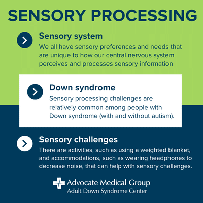Sensory processing Sensory system - We all have sensory preferences and needs that are unique to how our central nervous system perceives and processes sensory information Down syndrome - Sensory processing challenges are relatively common among people with Down syndrome (with and without autism). Sensory challenges There are activities, such as using a weighted blanket, and accommodations, such as wearing headphones to decrease noise, that can help with sensory challenges.