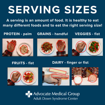 Serving sizes. A serving is an amount of food. It is healthy to eat many different foods and to eat the right serving size! Protein - palm. Grains - handful. Veggies - fist. Fruits - fist. Dairy - finger or fist.