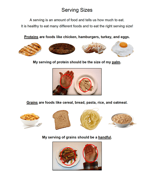 Images of appropriate serving sizes of different food groups