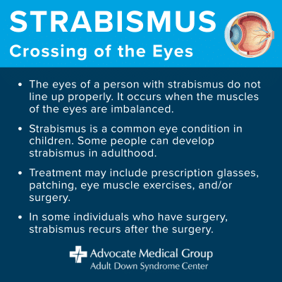 Strabismus: Crossing of the Eyes. The eyes of a person with strabismus do not line up properly. It occurs when the muscles of the eyes are imbalanced. Strabismus is a common eye condition in children. Some people can develop strabismus in adulthood. Treatment may include prescription glasses, patching, eye muscle exercises, and/or surgery. In some individuals who have surgery, strabismus recurs after the surgery.