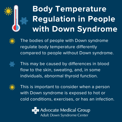 Body temperature regulation in people with Down syndrome. The bodies of people with Down syndrome regulate body temperature differently compared to people without Down syndrome. This may be caused by differences in blood flow to the skin, sweating, and, in some individuals, abnormal thyroid function. This is important to consider when a person with Down syndrome is exposed to hot or cold conditions, exercises, or has an infection.