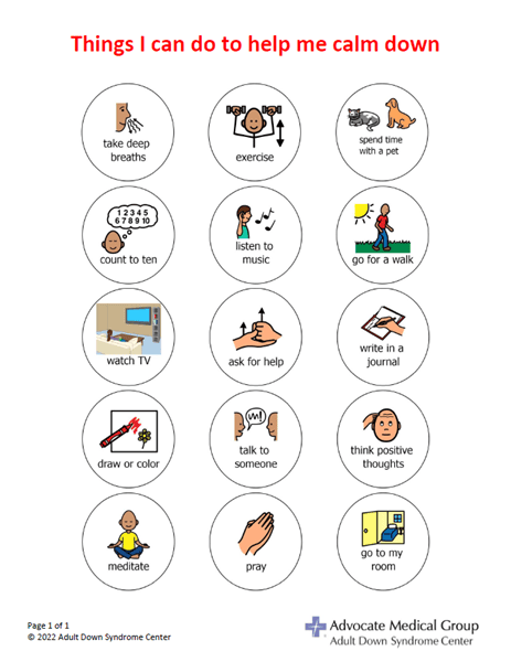 Things I can do to help me calm down handout