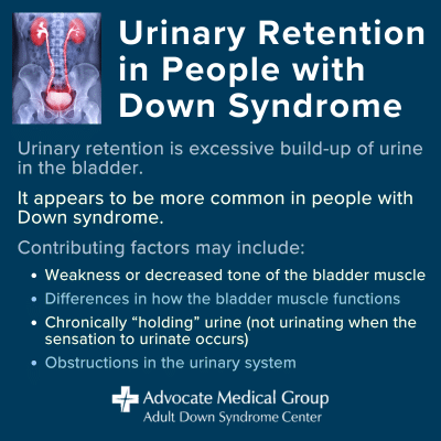 Urinary retention in people with Down syndrome. Urinary retention is excessive build-up of urine in the bladder. It appears to be more common in people with Down syndrome. Contributing factors may include weakness or decreased tone of the bladder muscle, differences in how the bladder muscle functions, chronically "holding" urine (not urinating when the sensation to urinate occurs), obstructions in the urinary system.