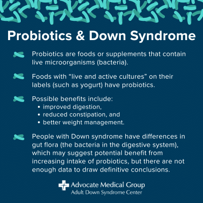 Probiotics and Down syndrome. Probiotics are foods or supplements that contain live microorganisms (bacteria). Foods with "live and active cultures" on their labels (such as yogurt) have probiotics. Possible benefits include improved digestion, reduced constipation, and better weight management. People with Down syndrome have differences in gut flora (the bacteria in the digestive system), which may suggest potential benefit from increasing intake of probiotics, but there are not enough data to draw definitive conclusions.