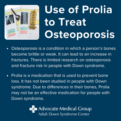 Use of prolia to treat osteoporosis. Osteoporosis is a condition in which a person’s bones become brittle or weak. It can lead to an increase in fractures. There is limited research on osteoporosis and fracture risk in people with Down syndrome. Prolia is a medication that is used to prevent bone loss. It has not been studied in people with Down syndrome. Due to differences in their bones, Prolia may not be an effective medication for people with Down syndrome.