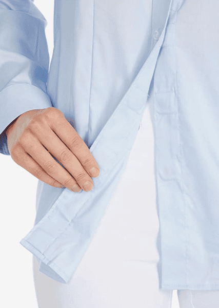 blue dress shirt with velcro closures