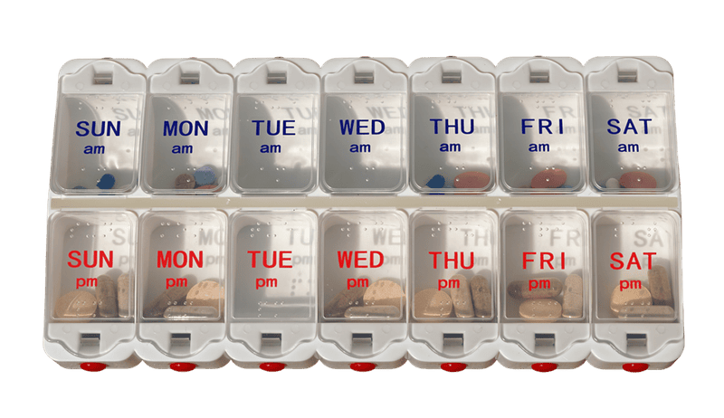 Weekly pill box with two compartments per day